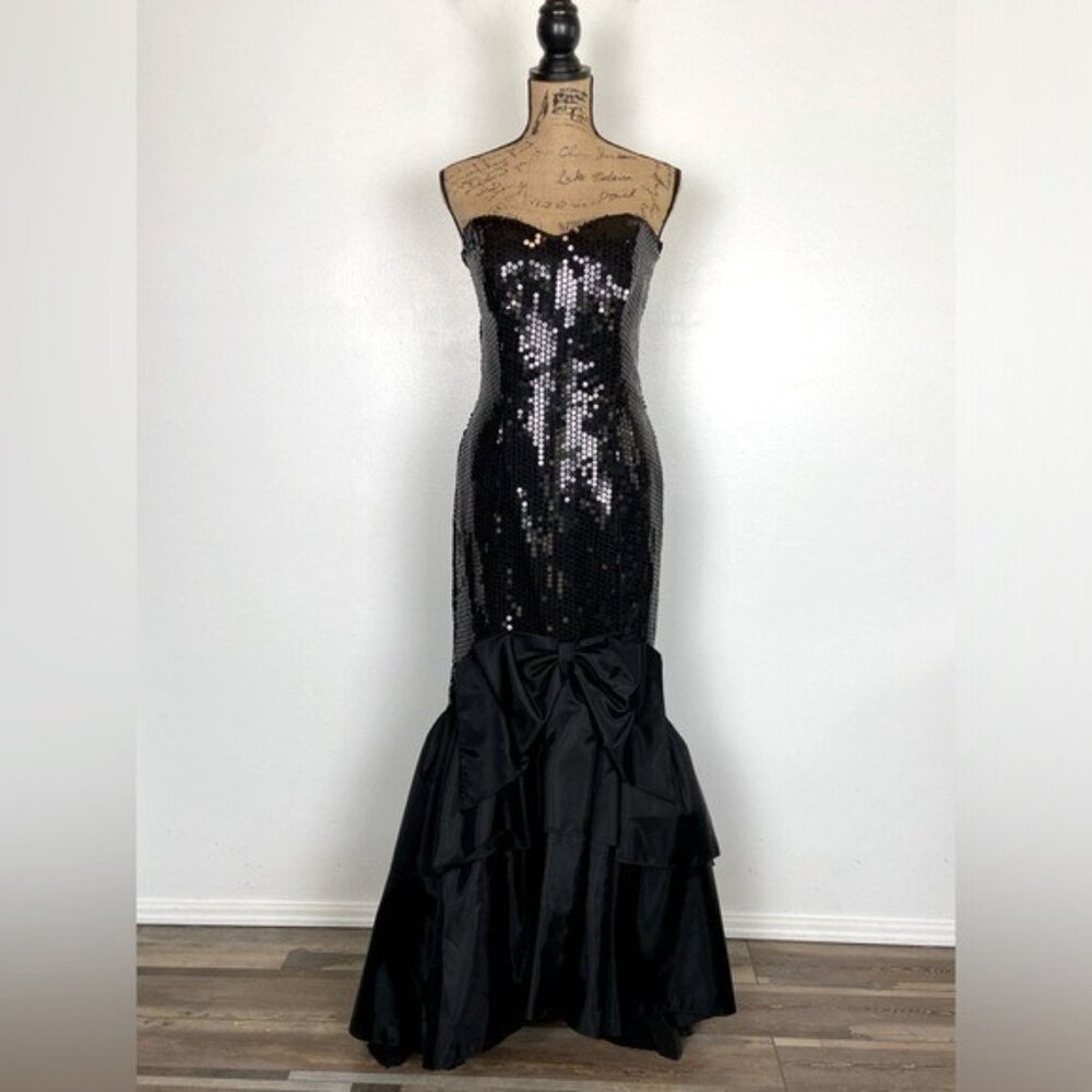 Nadine Sequin 80s‎ 90s Vintage Gown Formal Dress Mermaid Size 13 Jr Black Whimsy